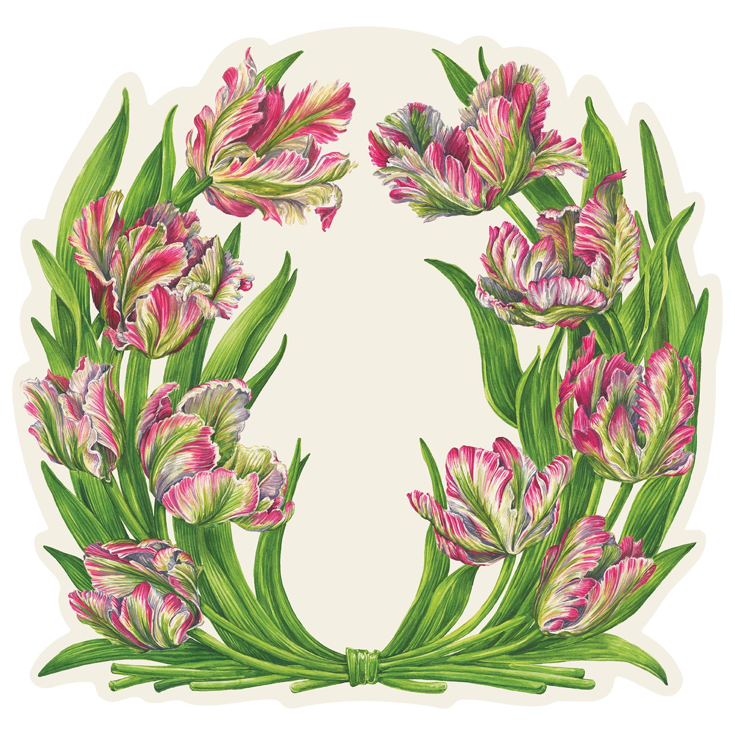 Floral illustration of pink and green parrot tulips in a wreath shape on a white background.