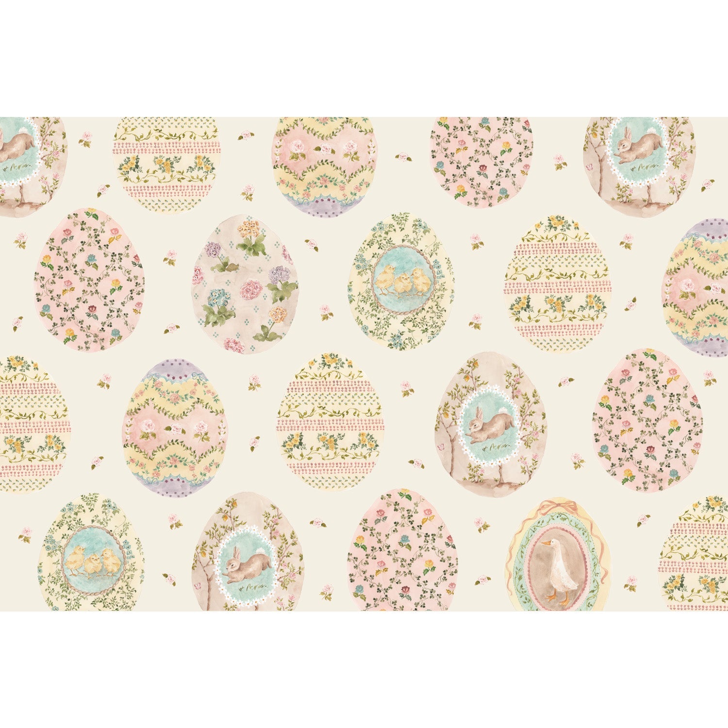 Patterned placemat with Easter eggs and birds on a beige background.