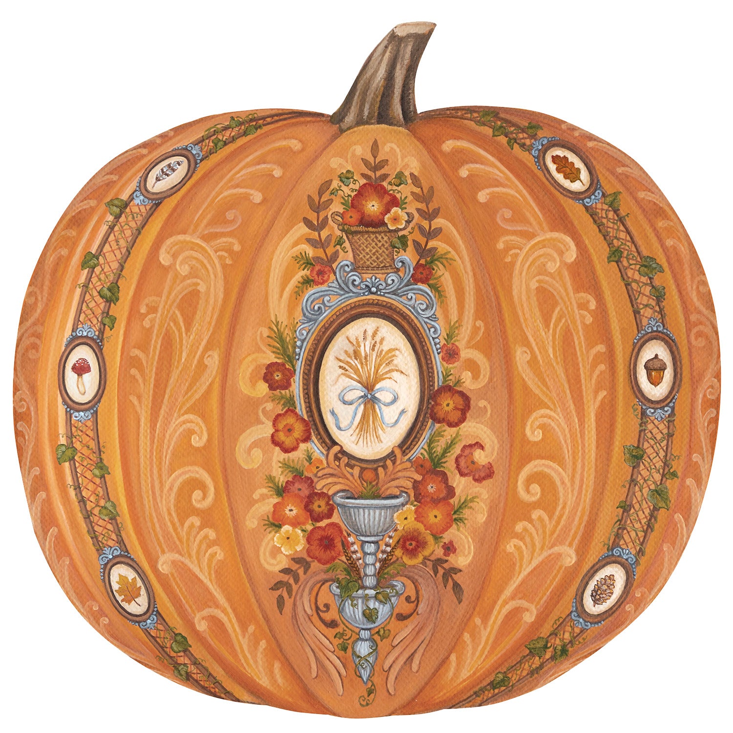 Decorative pumpkin placemat with intricate floral and leaf patterns on a white background.