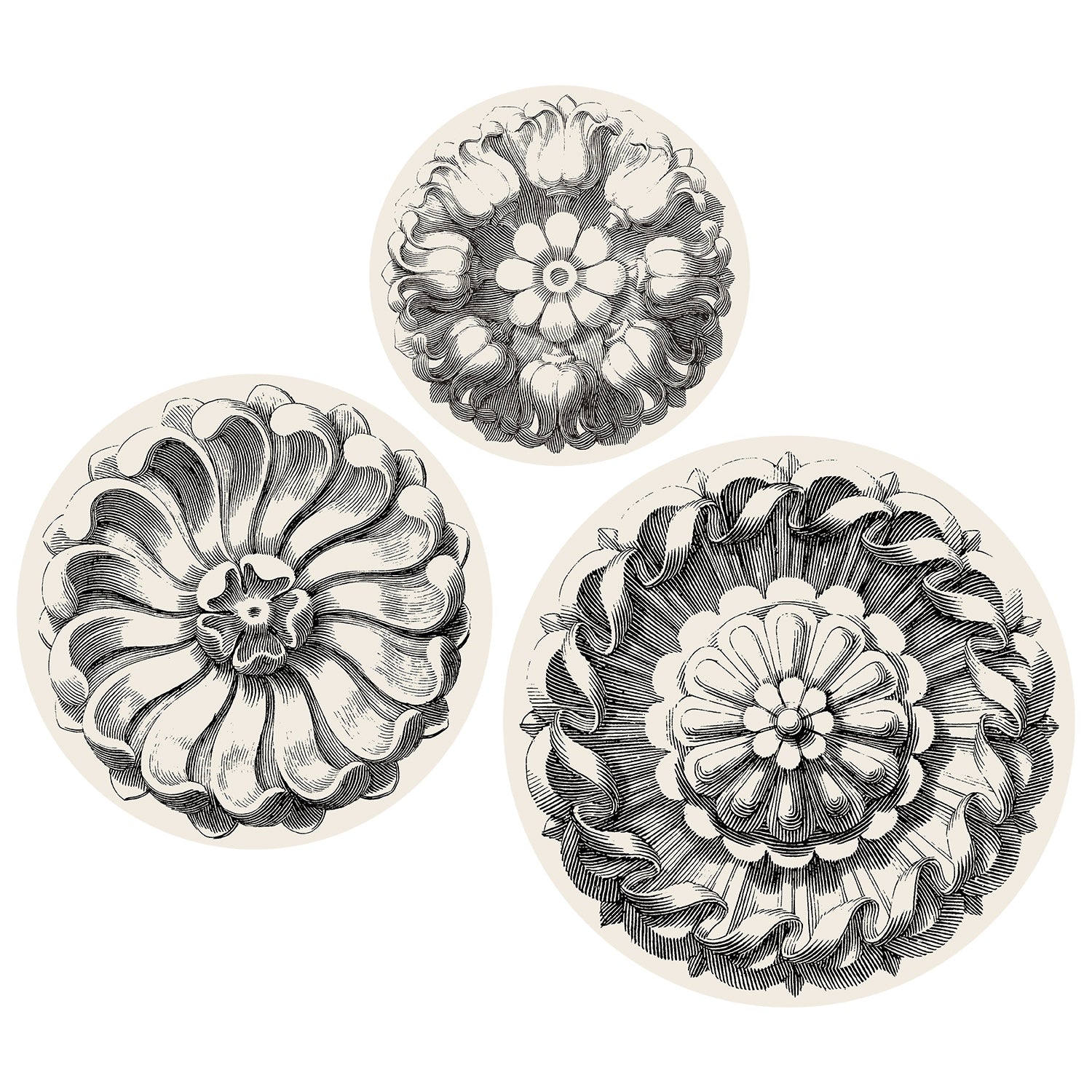 Three sizes of circular serving papers, each with a different engraving-style floral rosette design in black on white paper.