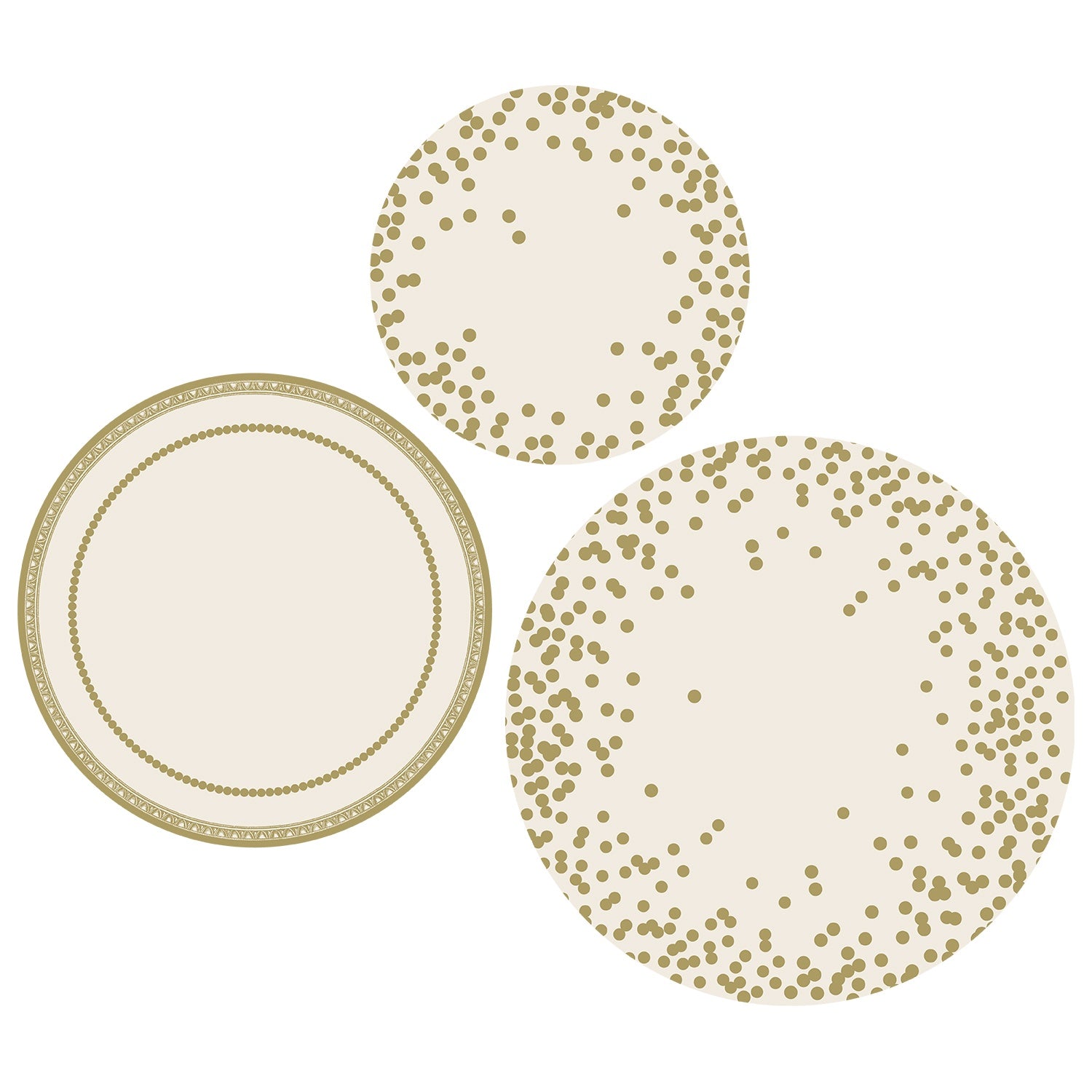 Three circular, die-cut white paper serving papers in three different sizes with gold embellishments. The small and large circles feature gold dots scattered around the edges, and the middle size features ornate embellishments around the edges, resembling a plate.