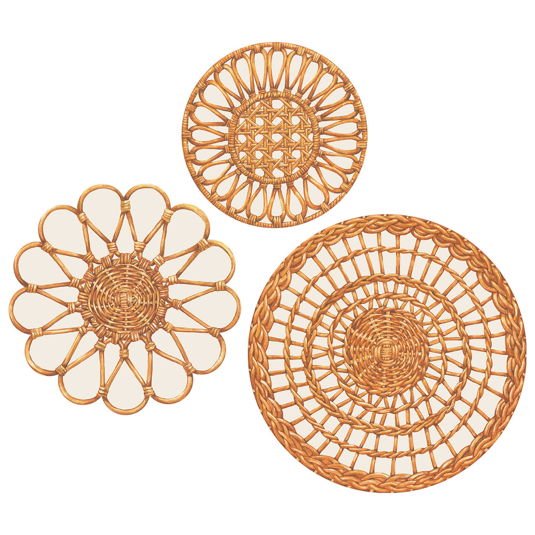 Three die-cut, vintage-inspired Hester &amp; Cook Rattan Weave Serving Papers in tan on a white background.