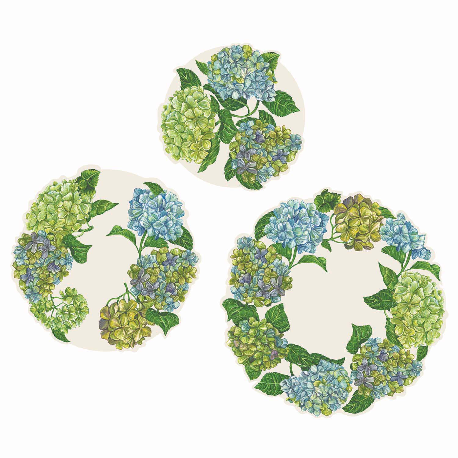 Three different sizes of die-cut Hydrangea Serving Papers featuring blue and green blooms and green leaves.