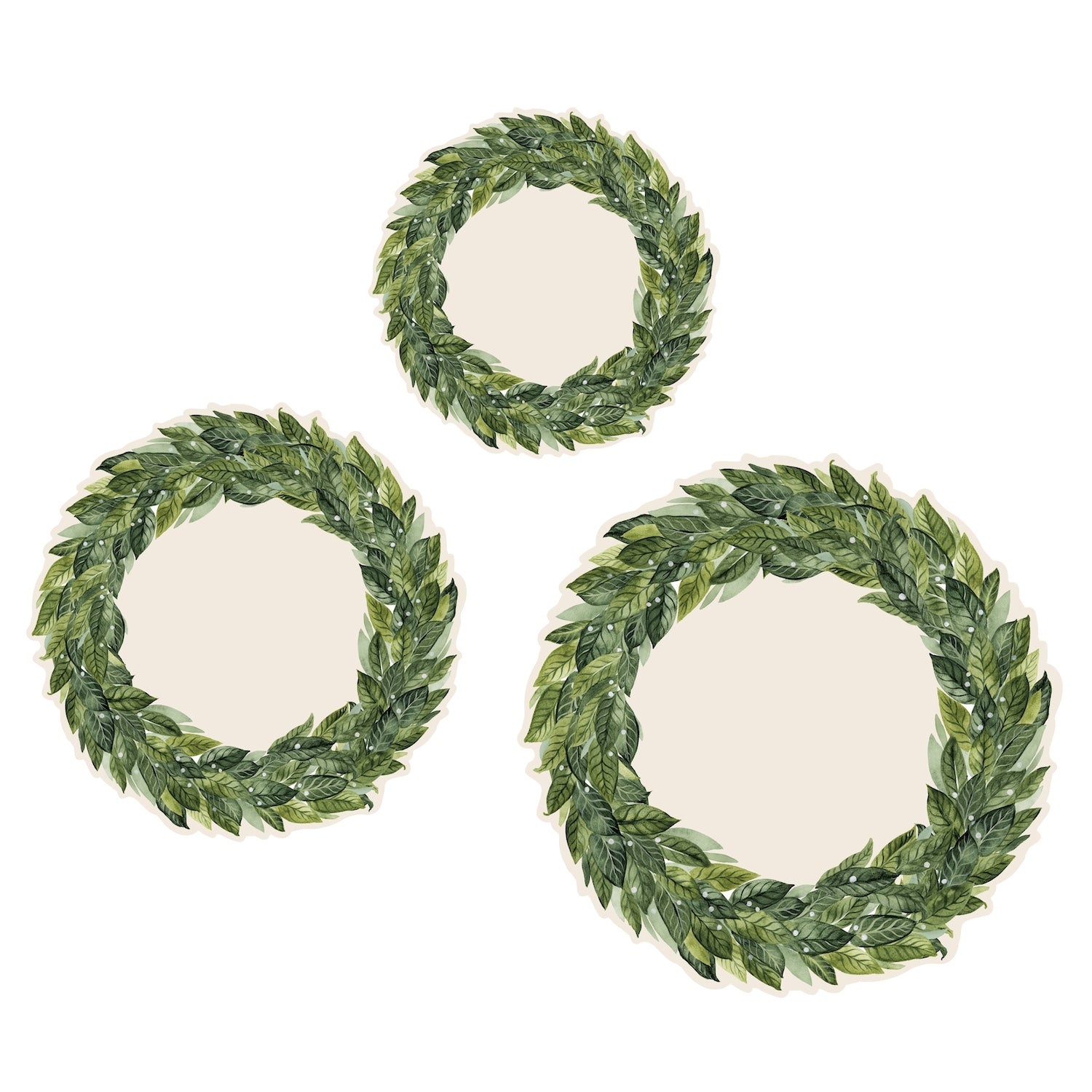 Three circular laurel serving papers in different sizes, designed with green leaf patterns for table settings.