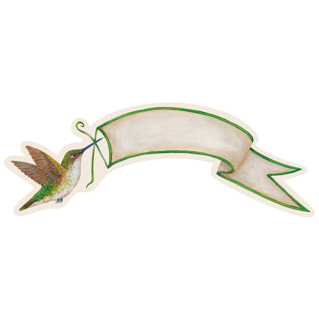 A die-cut illustration of a realistic green and white hummingbird in flight, holding a white banner rimmed in green, creating a perfect place for personalization.