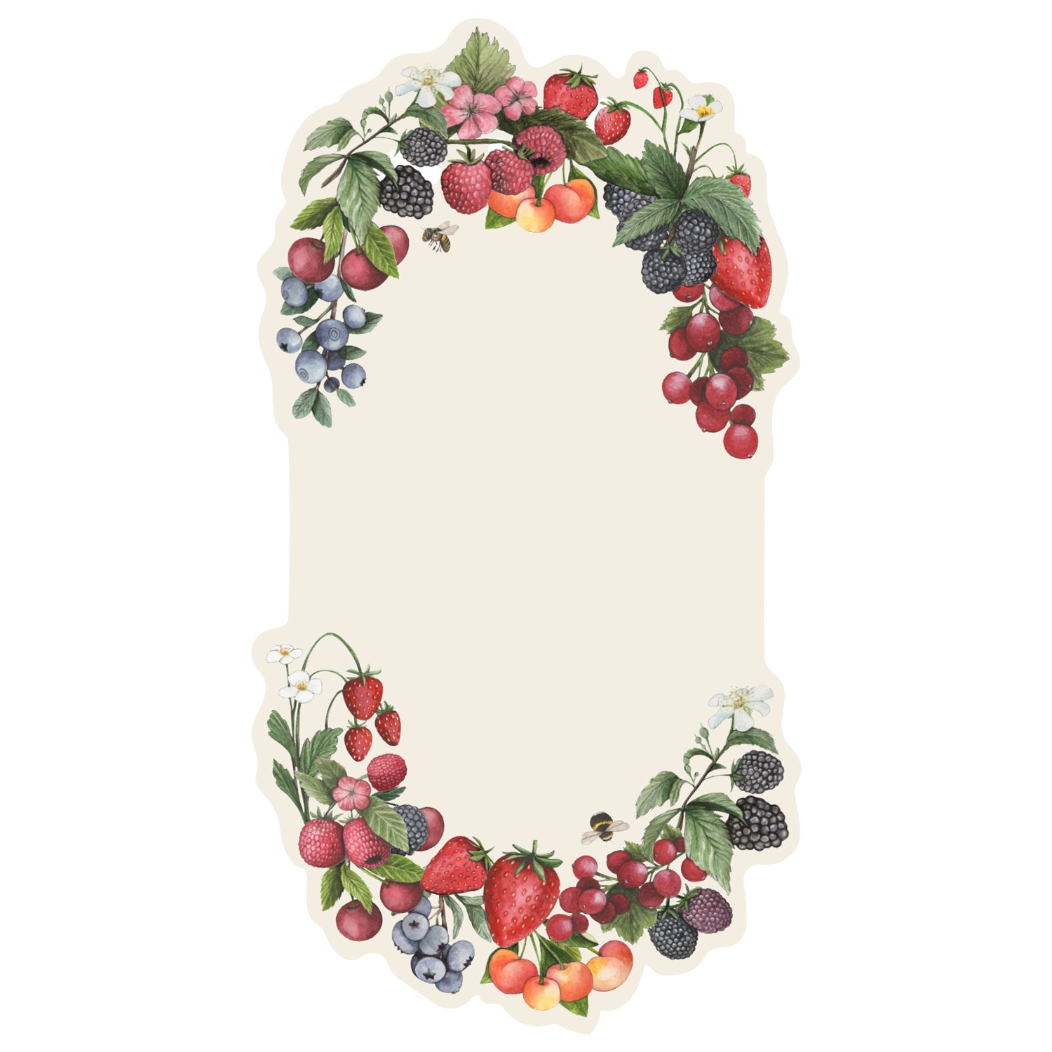 A die-cut oval card featuring partial frames of lush berries and leaves along the top and bottom edges. The center is a blank white space for personalization.