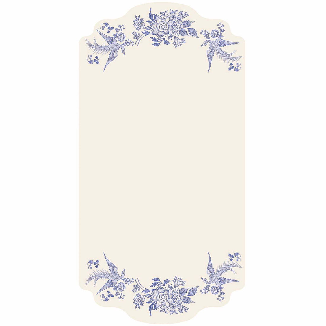 A white rectangular die-cut card featuring a blue vintage Burleigh-style floral and bird design along the top and bottom edges.