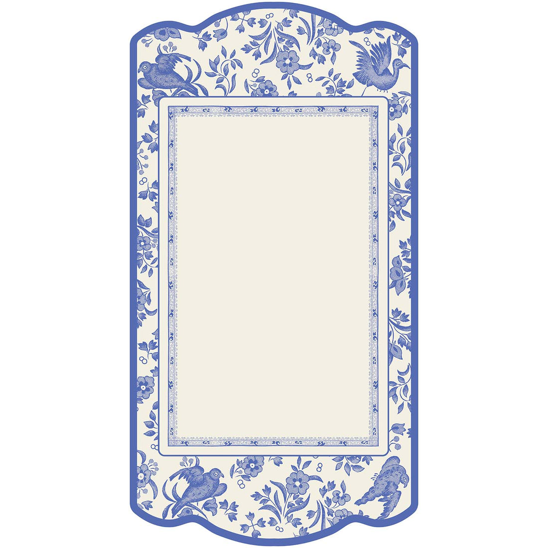 A die-cut rectangular card framed by a blue vintage Burleigh-style design of birds, flowers and filagree. The center is a blank white rectangle for personalization.