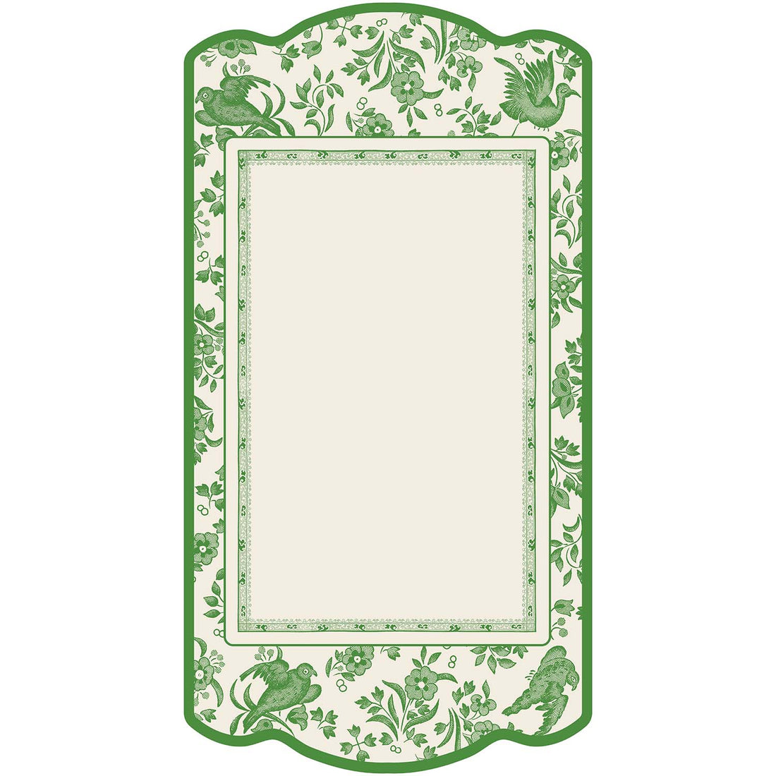 A die-cut rectangular card framed by a green vintage Burleigh-style design of birds, flowers and filagree. The center is a blank white rectangle for personalization.