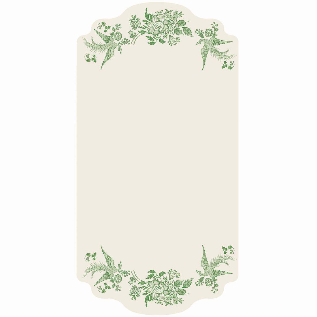 A white rectangular die-cut card featuring a green vintage Burleigh-style floral and bird design along the top and bottom edges.
