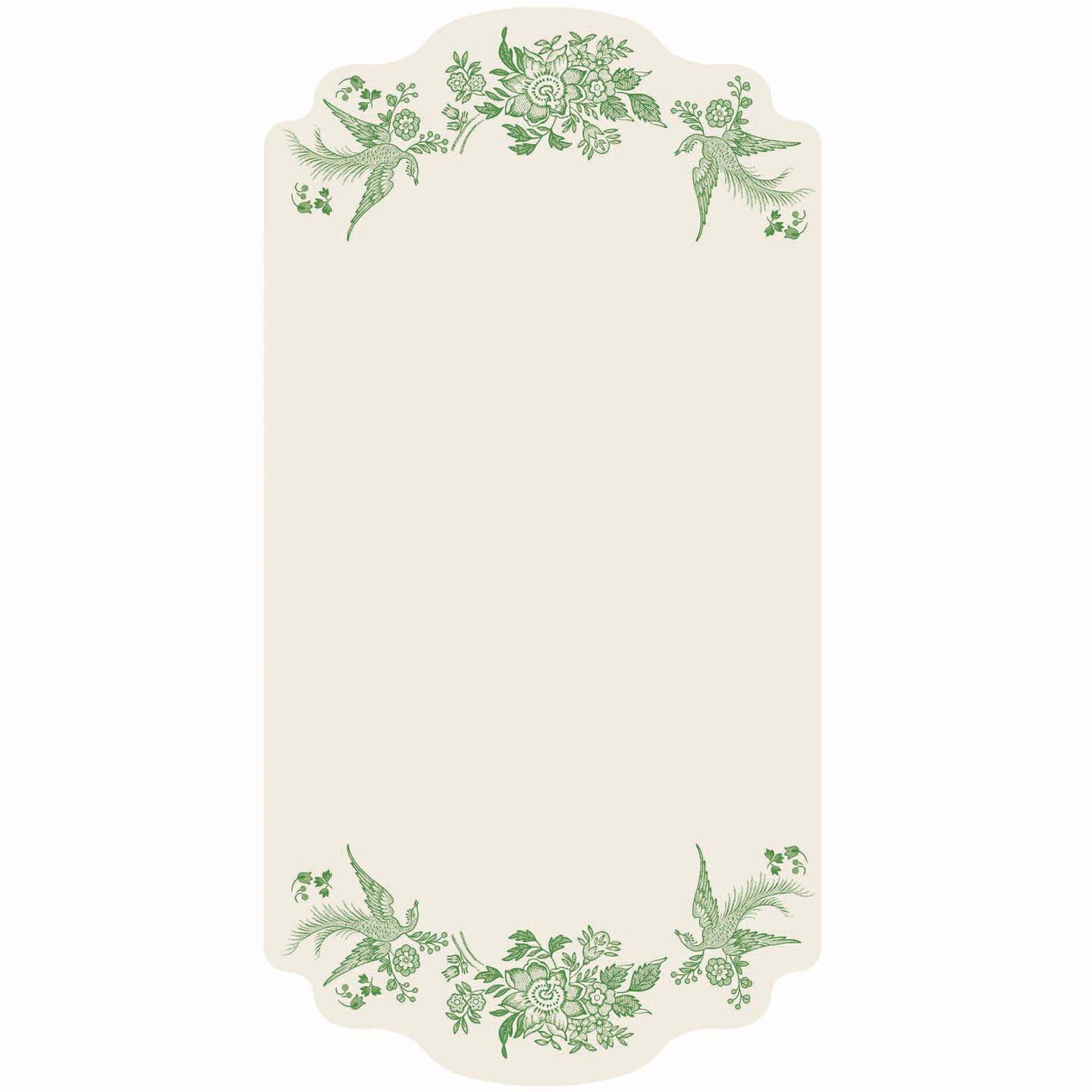 A white rectangular die-cut card featuring a green vintage Burleigh-style floral and bird design along the top and bottom edges.