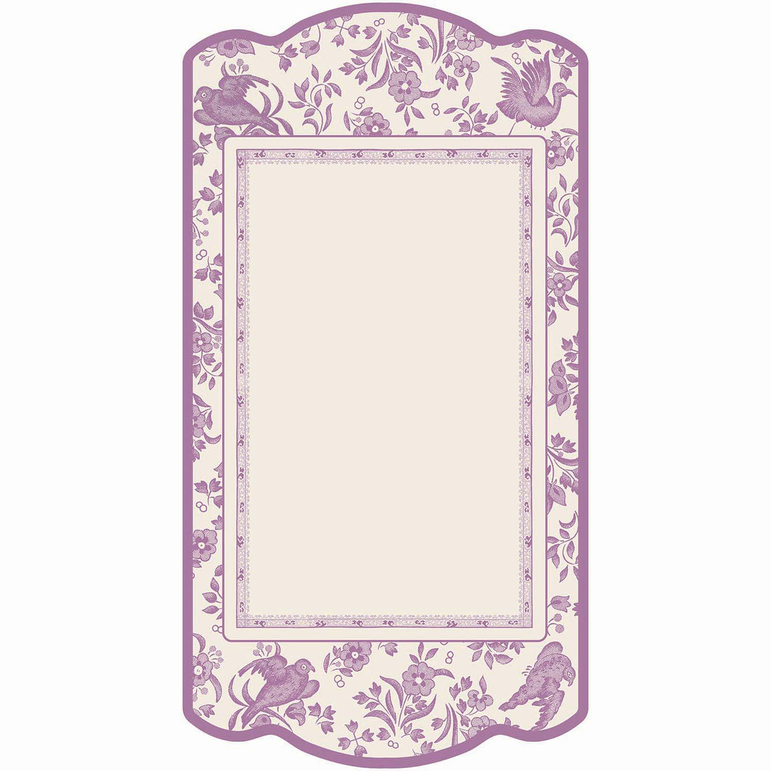 A die-cut rectangular card framed by a lilac purple vintage Burleigh-style design of birds, flowers and filagree. The center is a blank white rectangle for personalization.