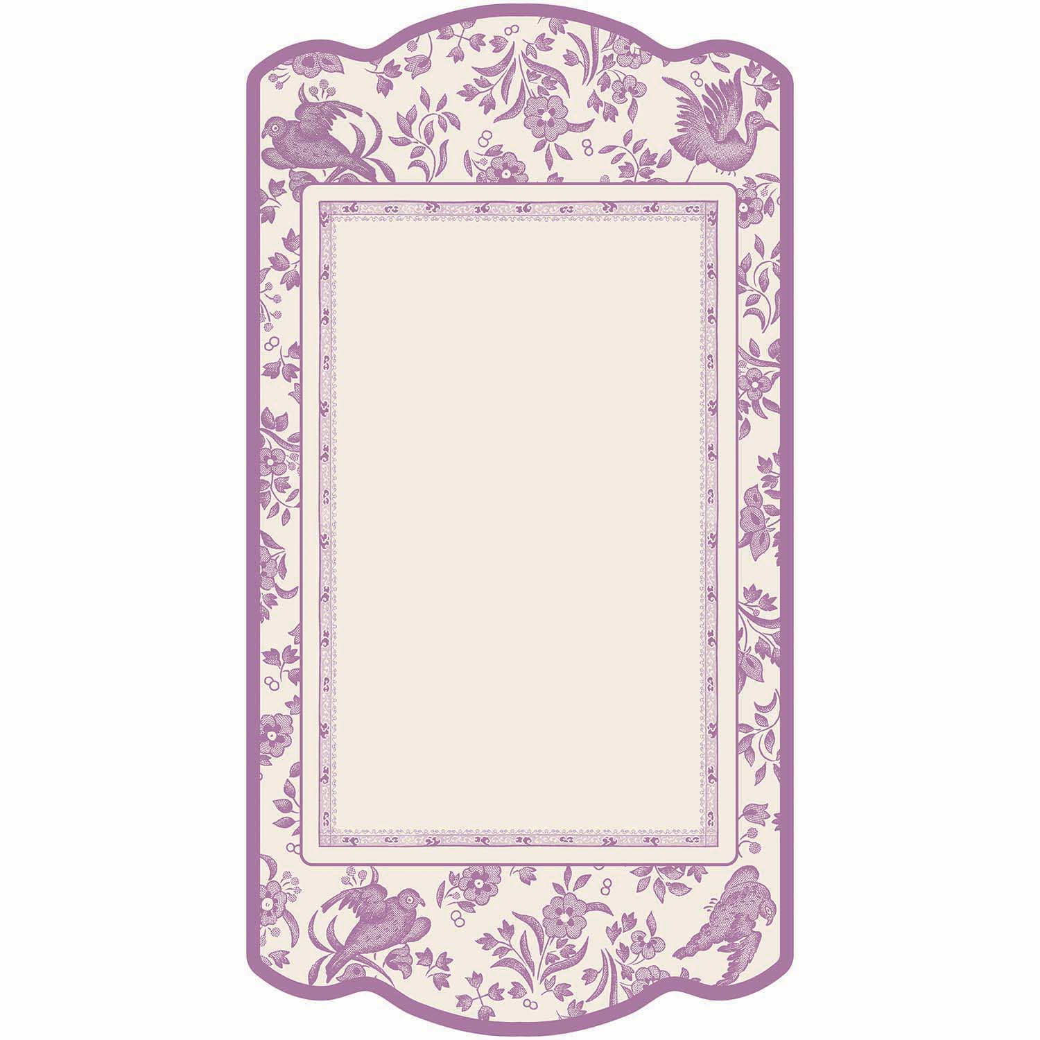 A die-cut rectangular card framed by a lilac purple vintage Burleigh-style design of birds, flowers and filagree. The center is a blank white rectangle for personalization.