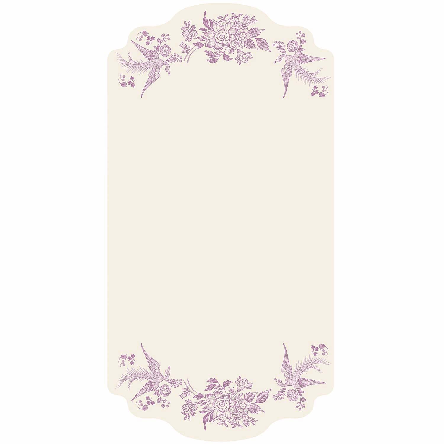 A white rectangular die-cut card featuring a lilac purple vintage Burleigh-style floral and bird design along the top and bottom edges.