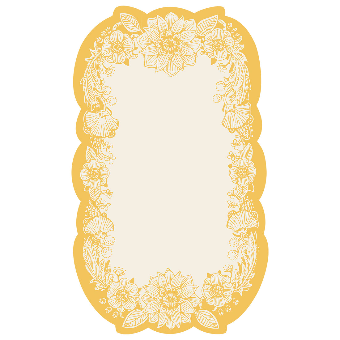 A white, die-cut rectangular card framed by an ornate floral design in bright yellow linework surrounding a blank white center rectangle for personalization.