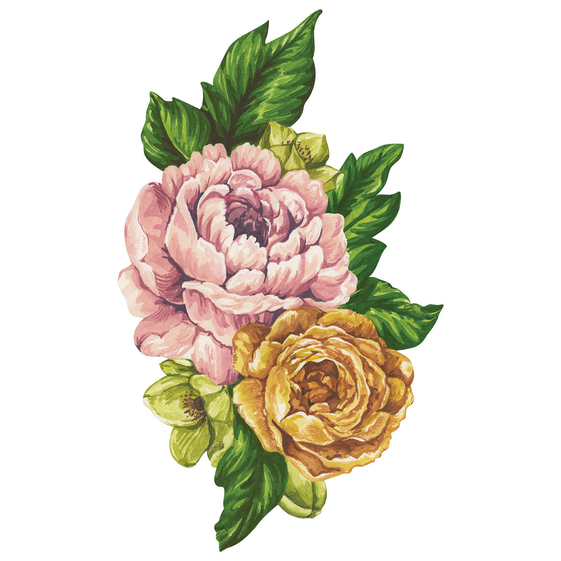 A die-cut illustration of blooms in muted pink, yellow-orange, and light green packed with deep green leaves.