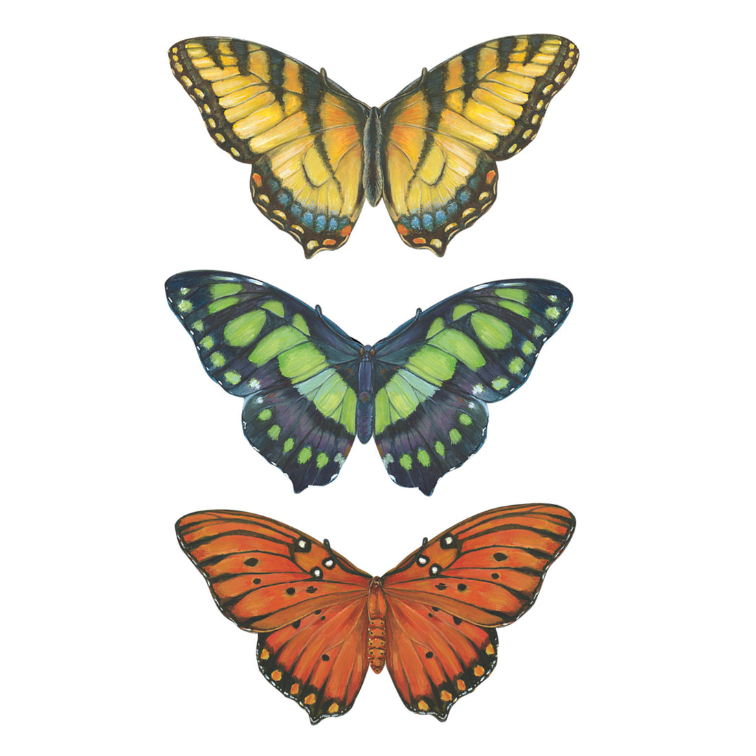 Three different die-cut illustrated butterflies: one yellow with blue and black accents, one black and green, and one deep orange with black and white accents.