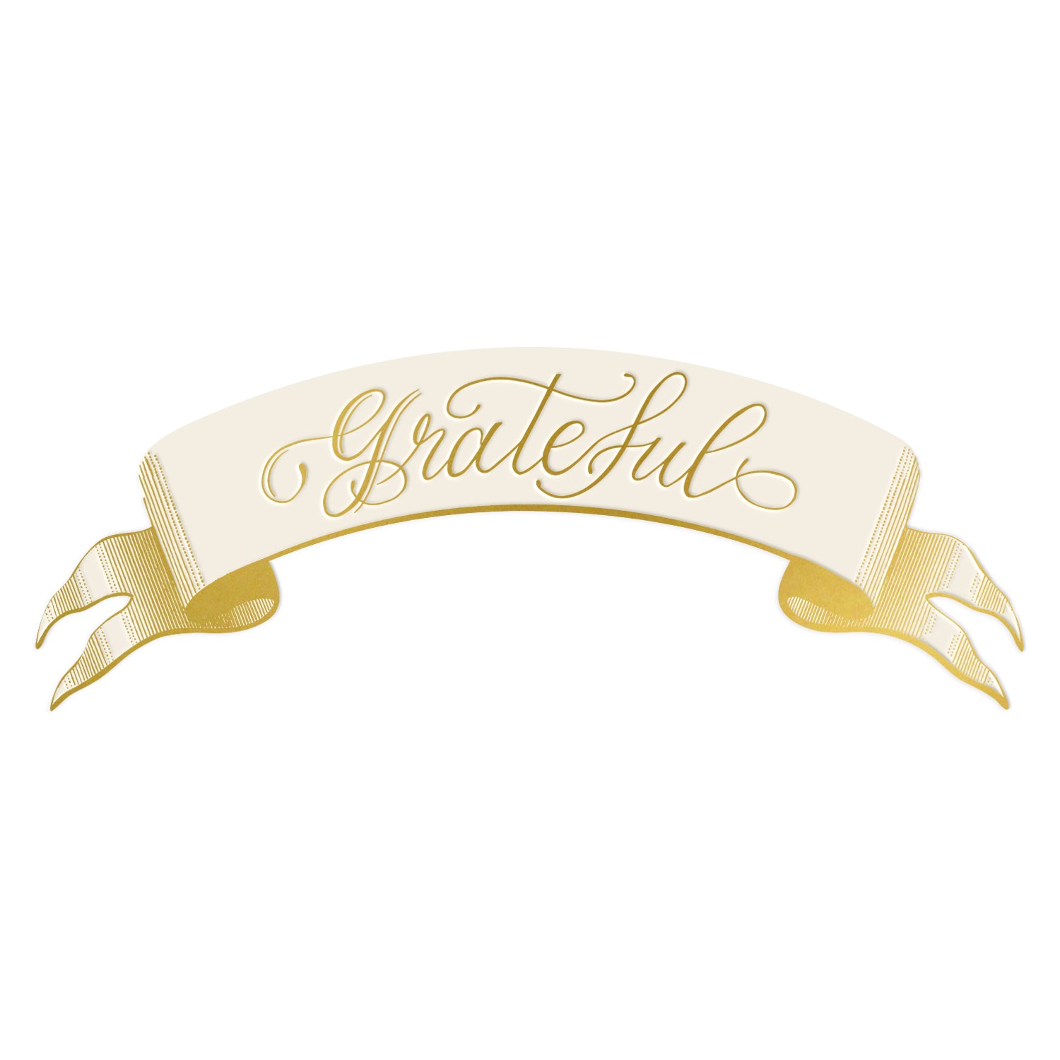Grateful Banner Table Accent featuring an illustration of a classic gold banner featuring an arched beige center with "Grateful" in gold cursive lettering, elegant gold edges and curled ends.