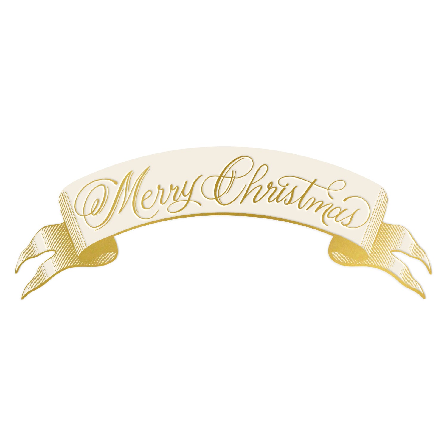 Merry Christmas Banner Table Accent featuring an illustration of a classic gold banner featuring an arched beige center with "Merry Christmas" in gold cursive lettering, elegant gold edges and curled ends.