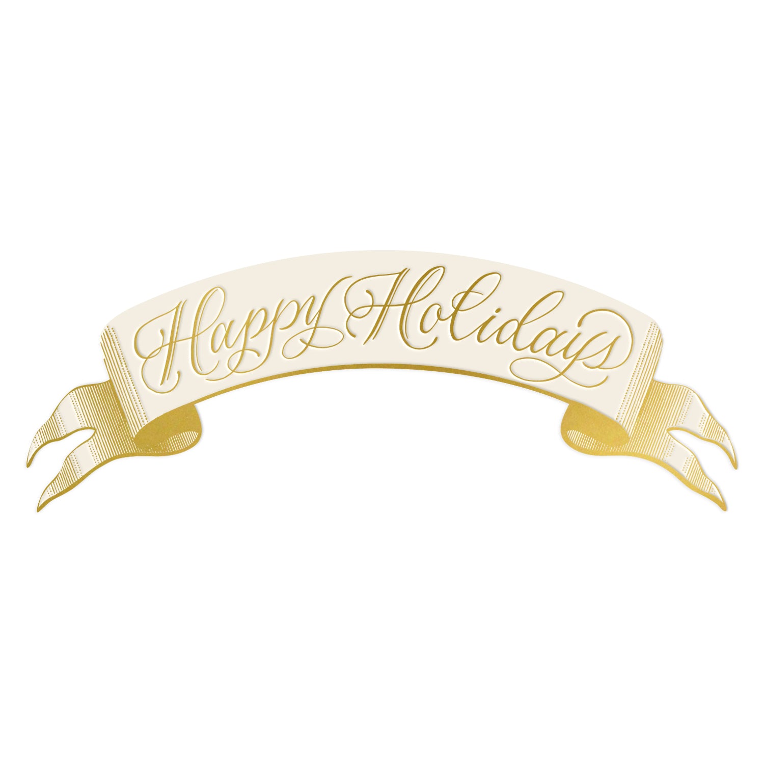 Happy Holidays Banner Table Accent featuring an illustration of a classic gold banner featuring an arched beige center with "Happy Holidays" in gold cursive lettering, elegant gold edges and curled ends.