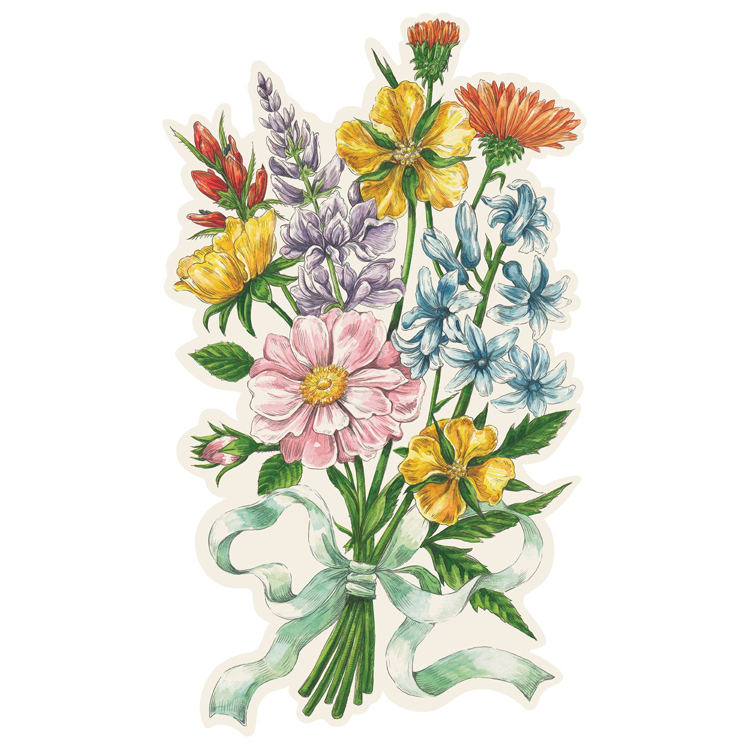 An illustration of a die-cut wildflower bouquet tied with a seafoam ribbon against a cream background.