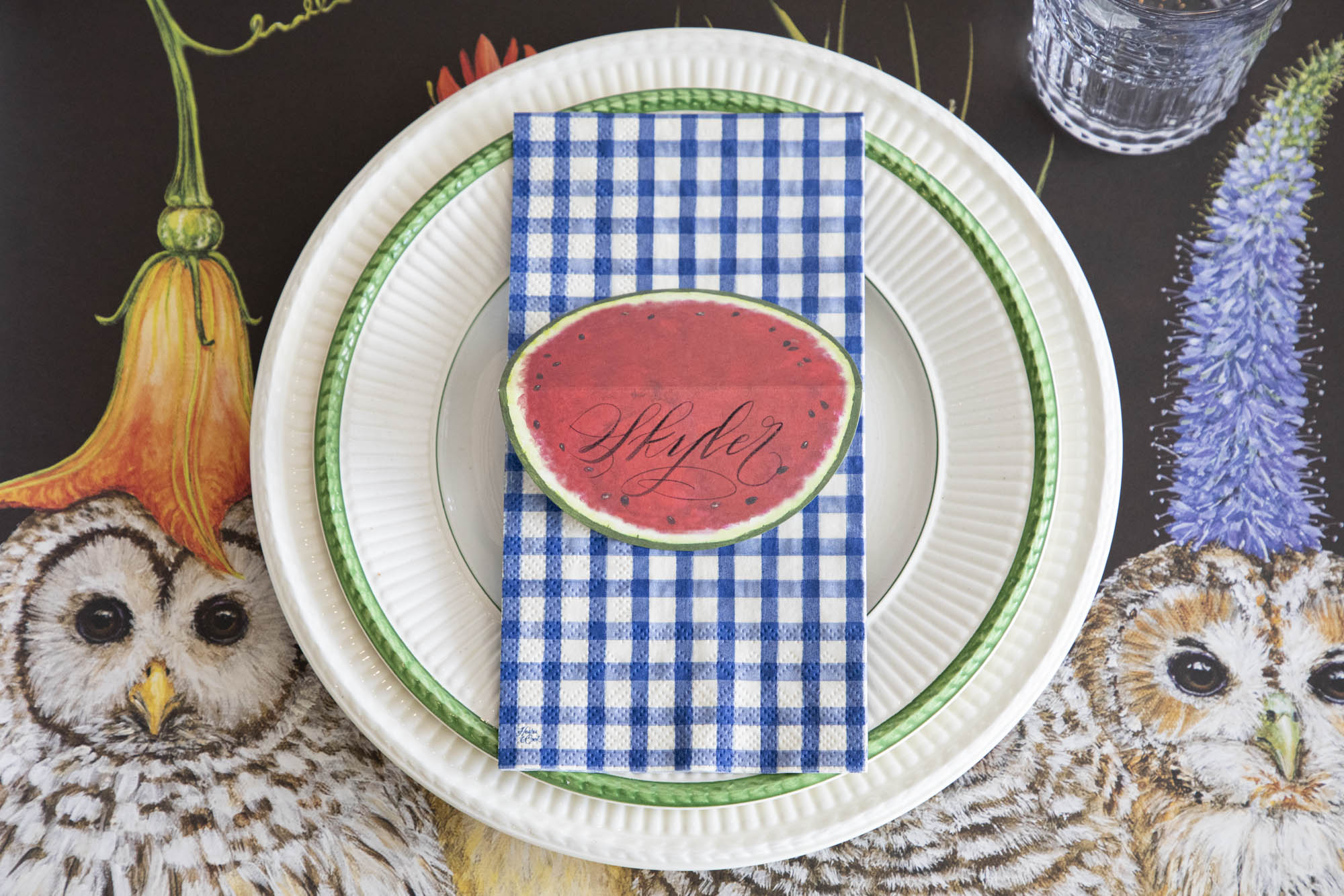 A Navy Painted Guest Napkin centered on the plate of a summertime place setting, from above.