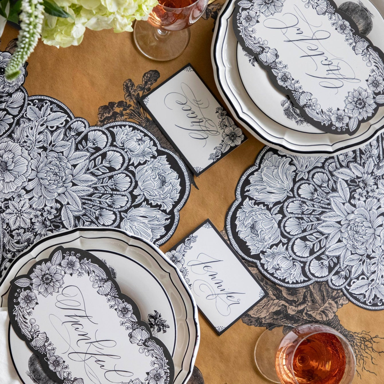 An elegant fall-themed tablescape with Ebony Harvest Blooms Place Cards by each plate.