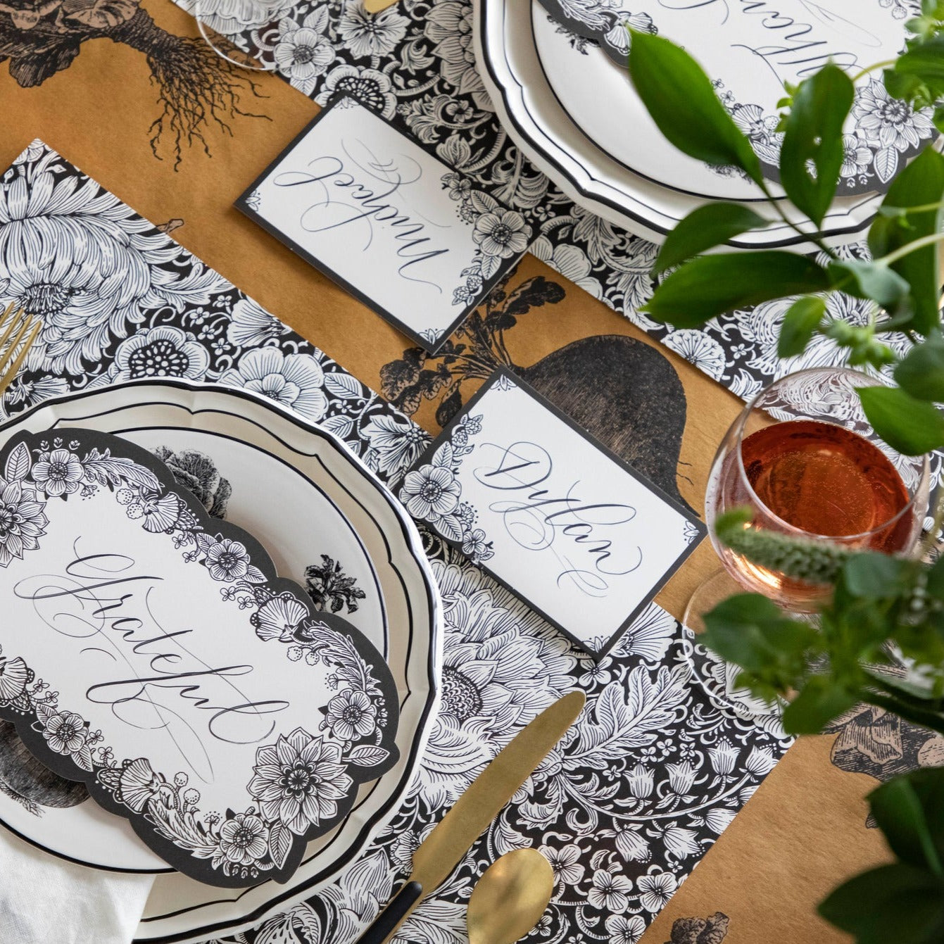 An elegant fall-themed tablescape with Ebony Harvest Blooms Place Cards by each plate.