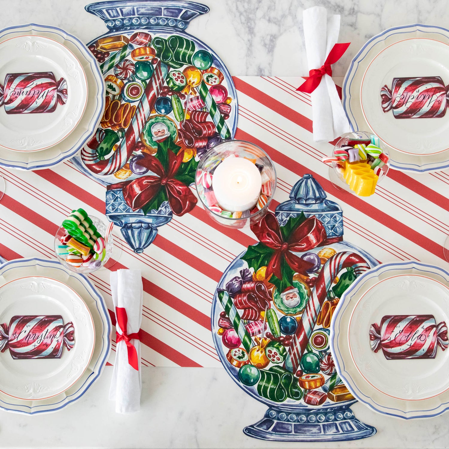 The Die-cut Candy Jar Placemat under a festive Christmas-themed table setting, from above.