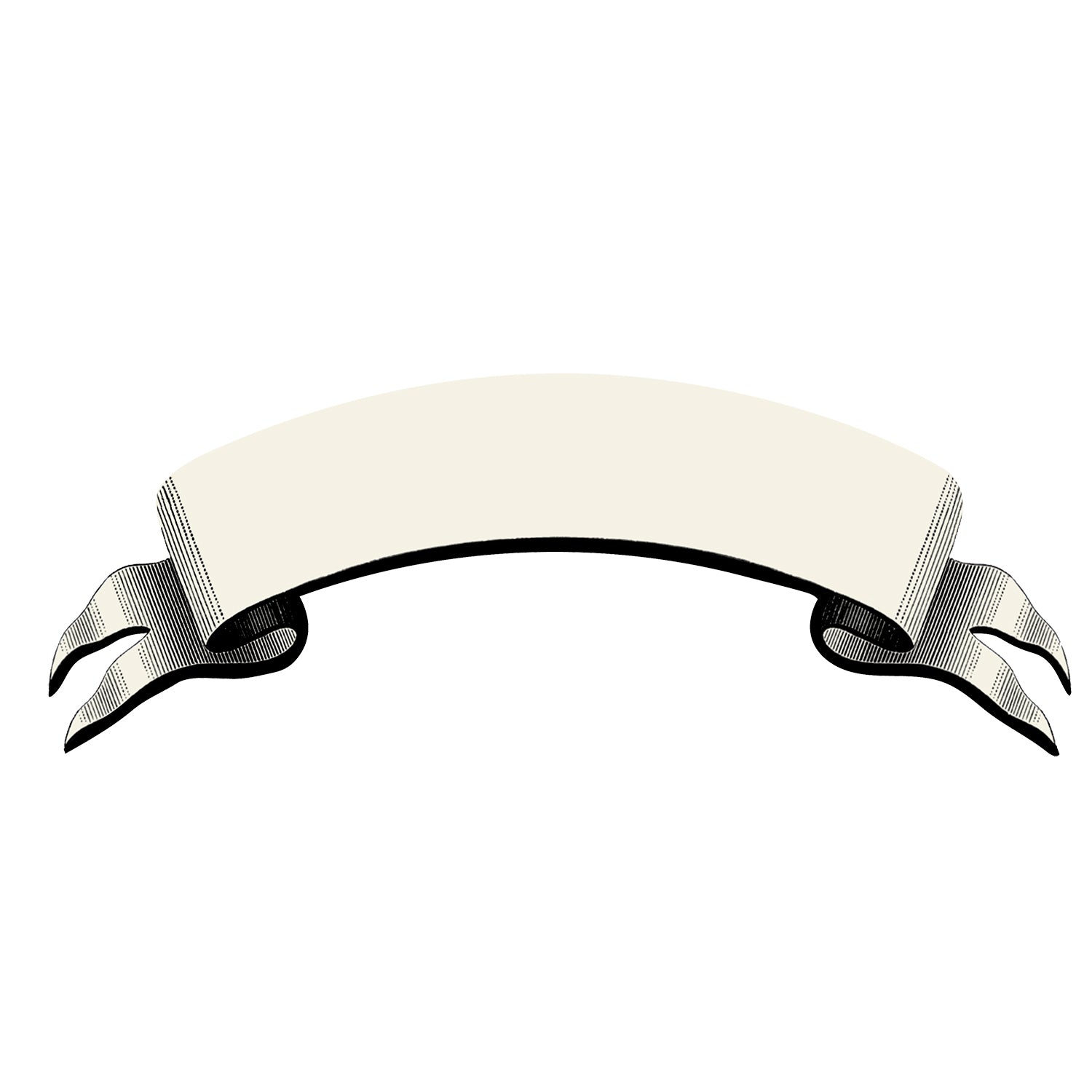 A die-cut white table accent in the shape of a billowing ribbon with black engraving-style linework, perfect for personalizing your table setting.