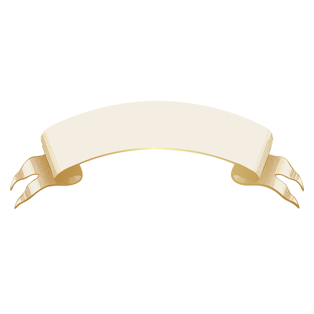 A die-cut white table accent in the shape of a billowing ribbon with gold foil engraving-style linework, perfect for personalizing your table setting.