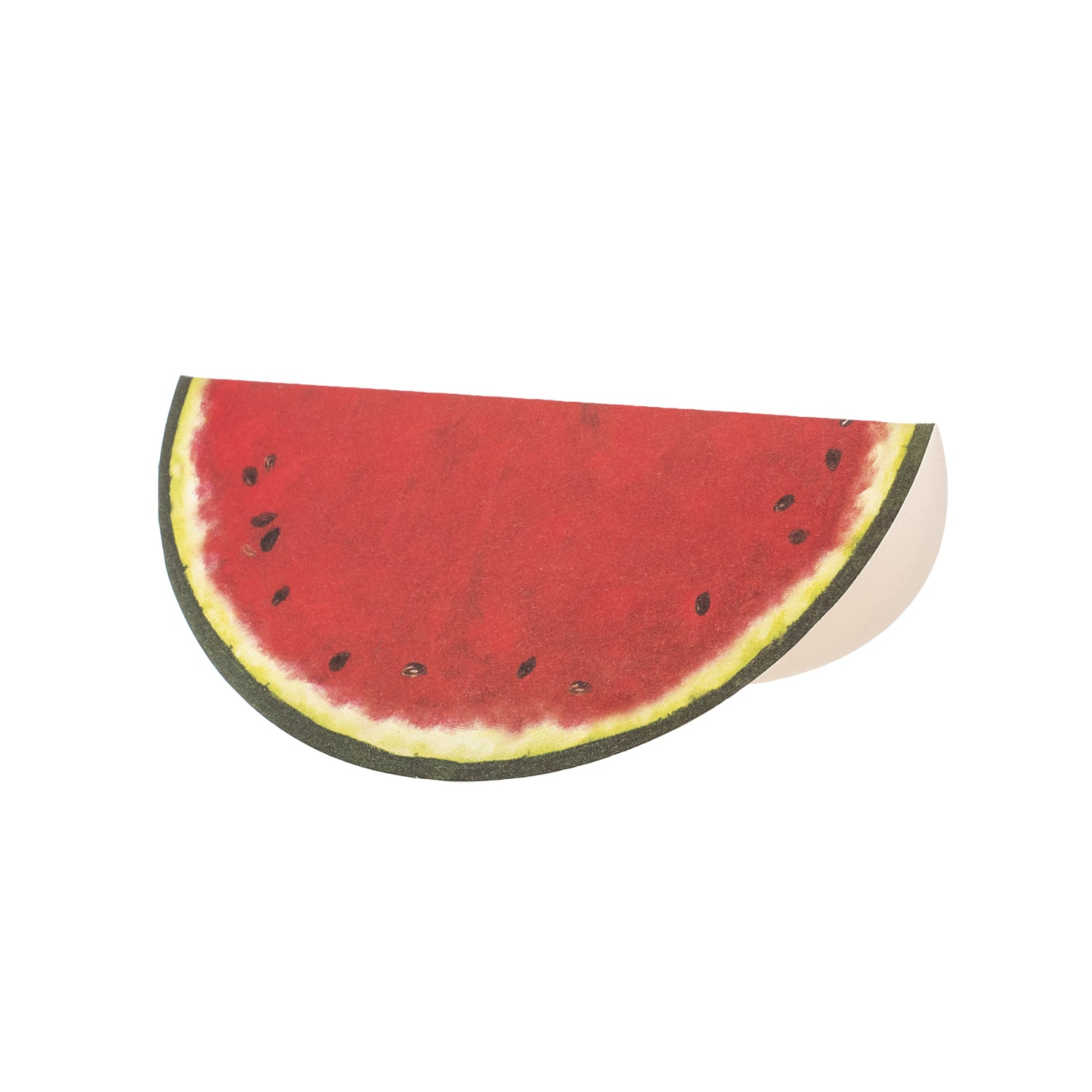 A die-cut, tented place card that resembles a round watermelon cross-section when flat, and a half-circle watermelon slice when folded and standing.