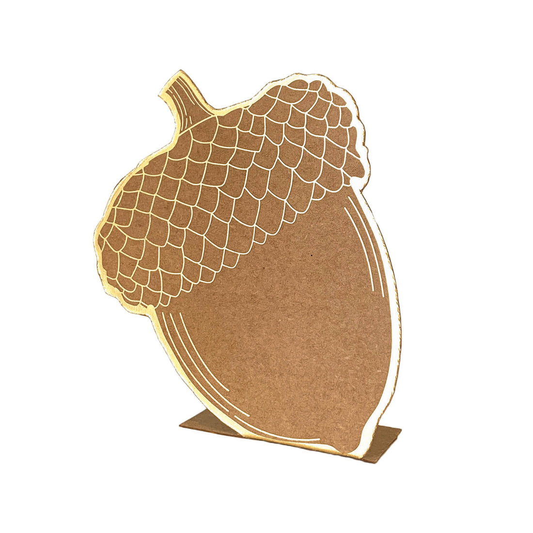 A die-cut kraft paper standing place card of an acorn, featuring gold foil linework.