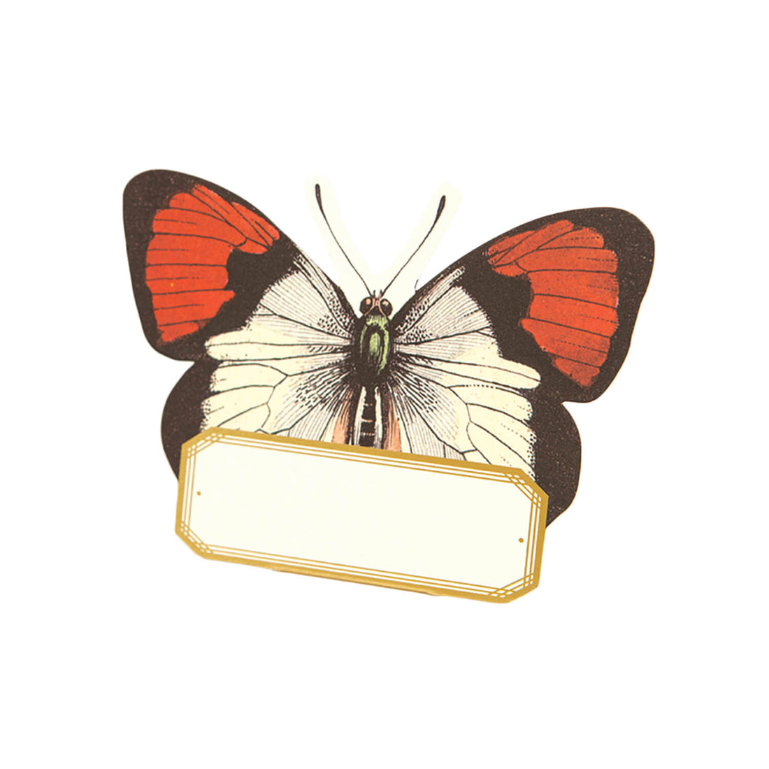 A die-cut, freestanding place card featuring a stunning red, white and black butterfly, with a white, rectangular, gold-framed open space at the bottom.