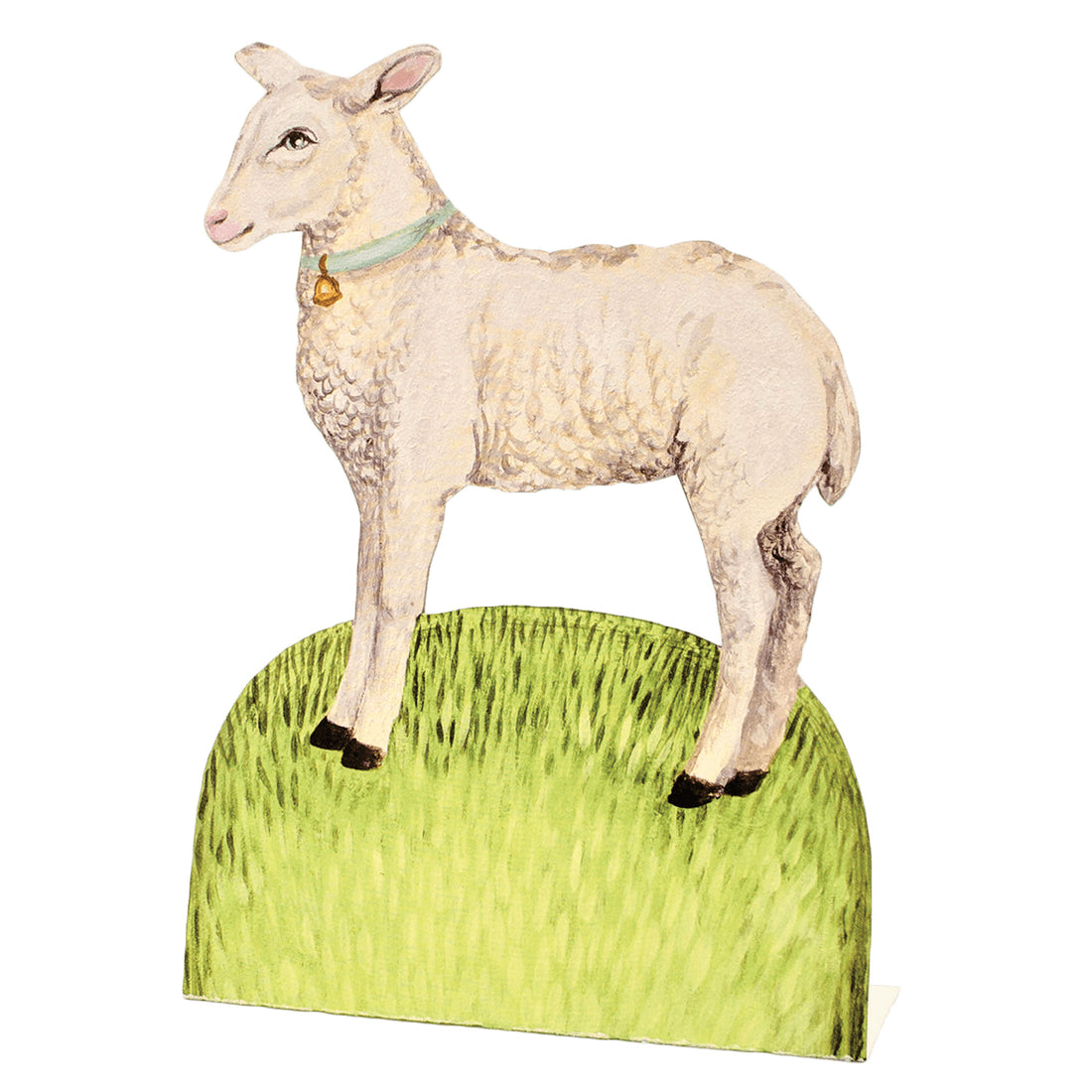 A die-cut freestanding place card featuring artwork of a cute lamb facing left with a bell tied around its neck with a seafoam ribbon, standing on a grassy green hill which provides space to write a personal message.