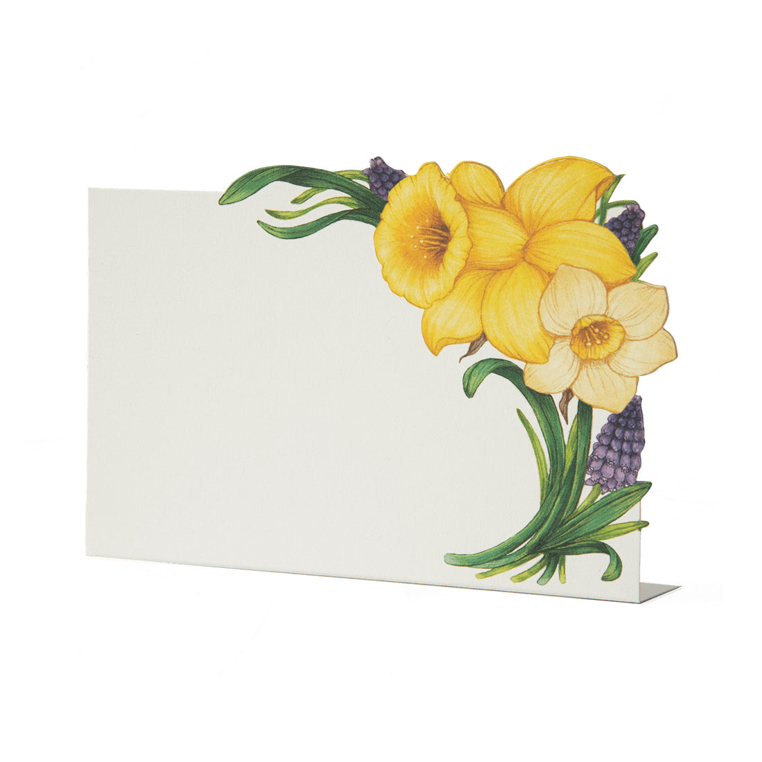 A white, rectangular freestanding place card featuring two vibrant yellow daffodils and purple blooms with green stems adorning the right edge of the card.