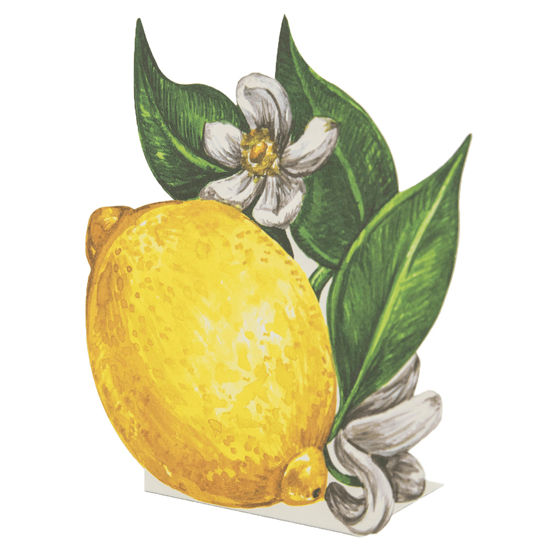 A die-cut freestanding place card featuring artwork of a vibrant yellow lemon with green leaves and white blossoms.