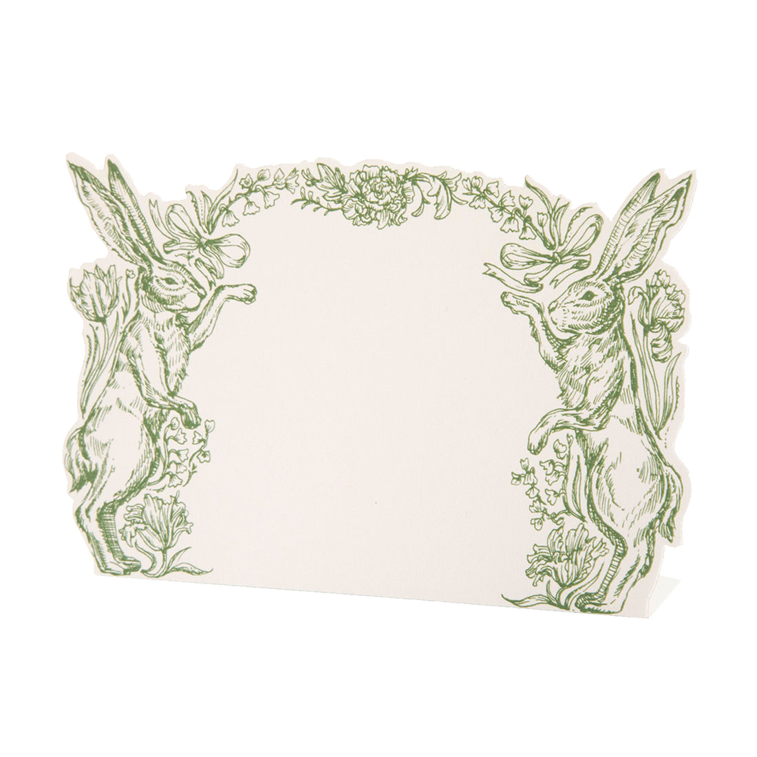 A white, die-cut freestanding place card featuring an illustrated green rabbit on either side and floral embellishments up the sides and across the top edge.