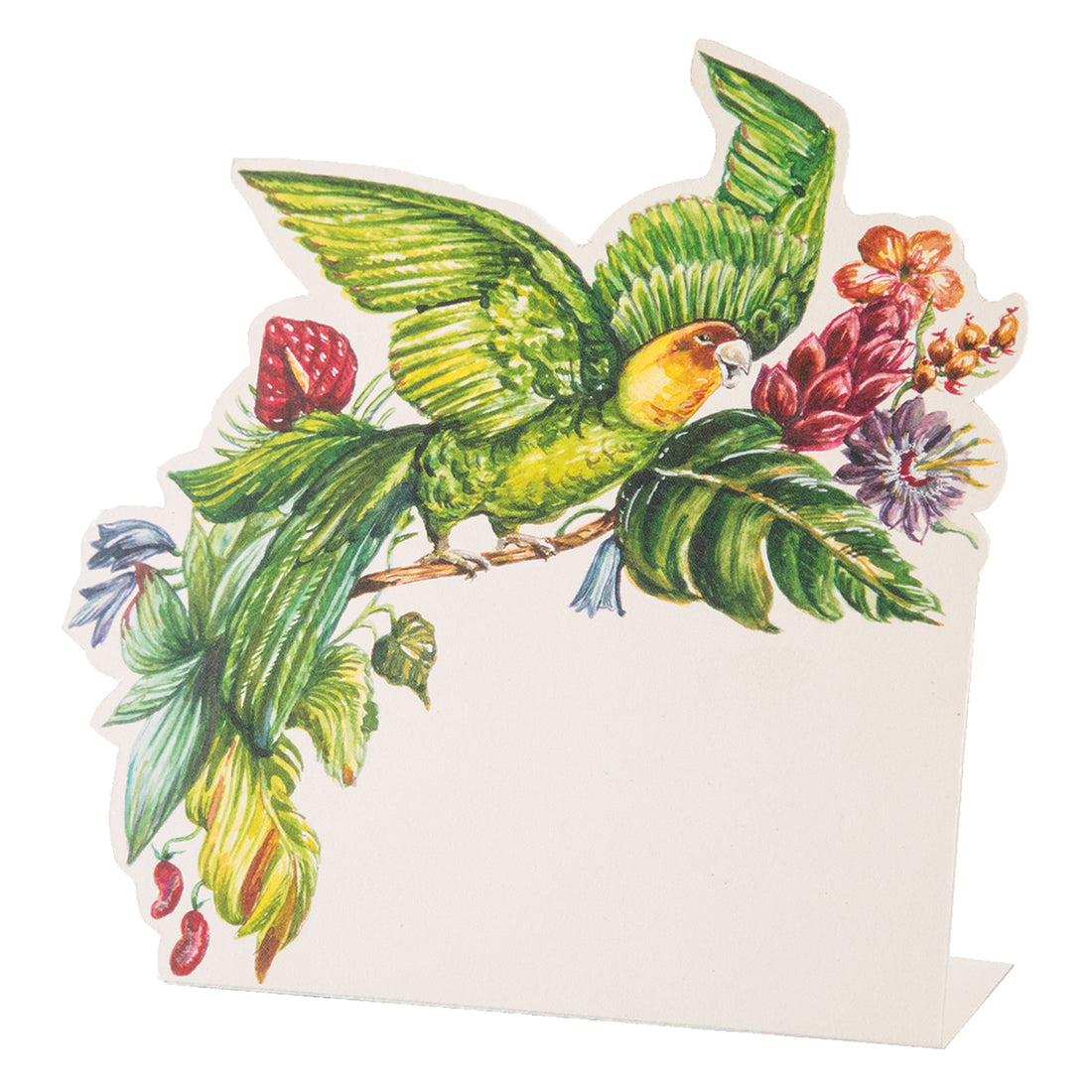 A die-cut freestanding place card featuring a vibrant parrot surrounded by tropical foliage adorning the top and left edges of the card, with an open white area in the lower right for personalization.