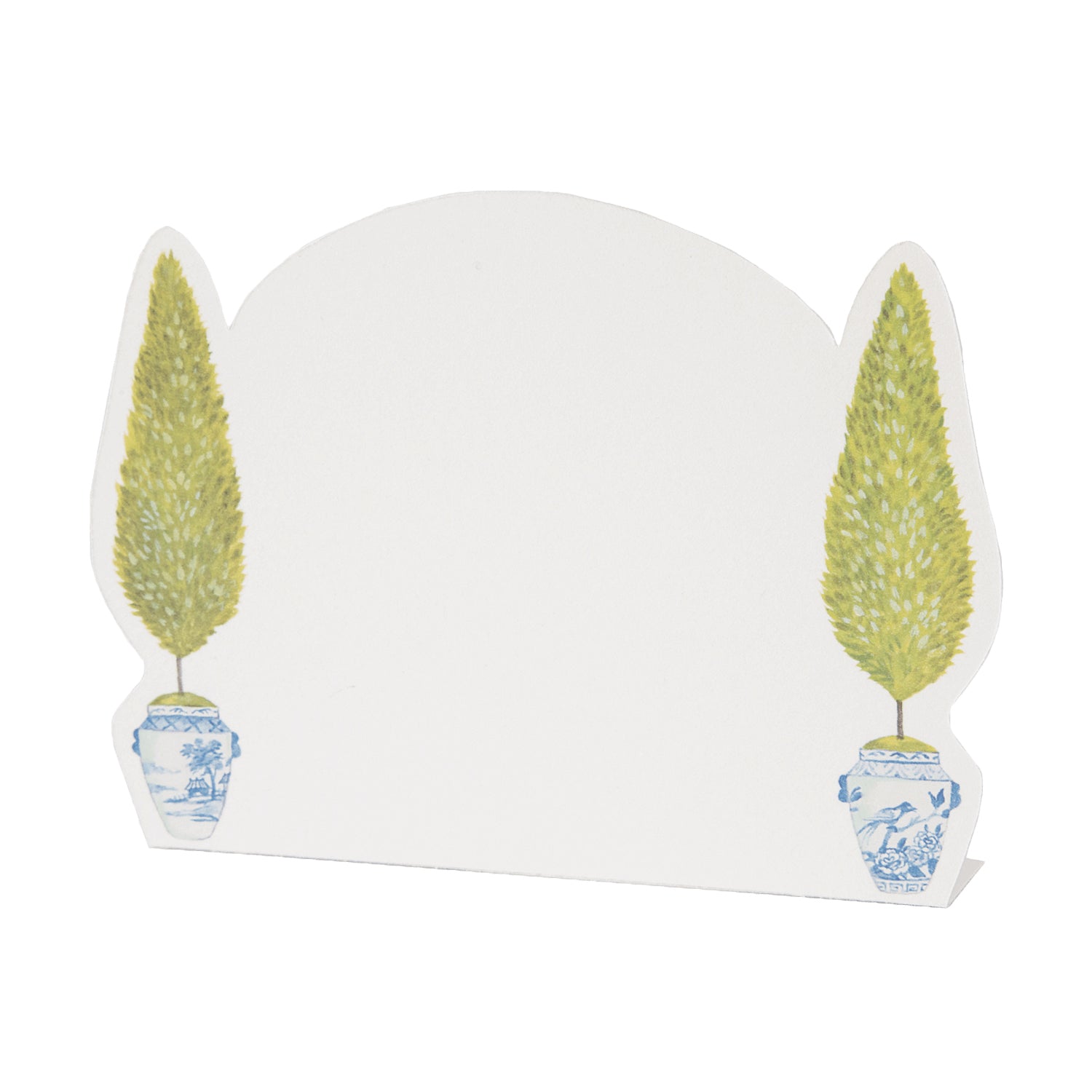A white Hester & Cook Topiary place card with two potted trees on it.