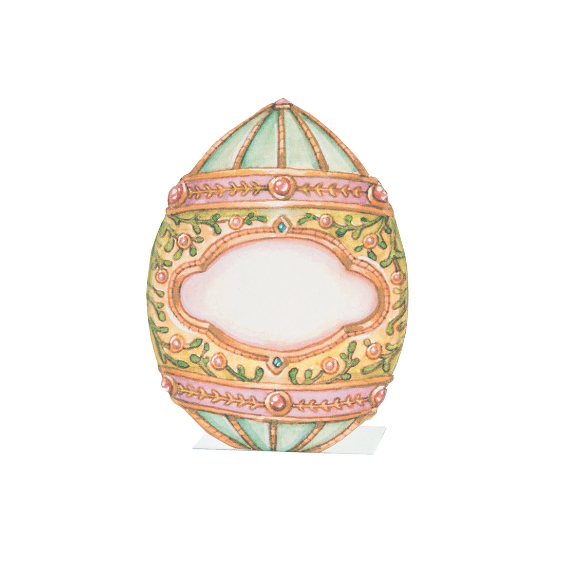 A die-cut freestanding place card featuring an elaborate Fabergé egg in teal, pink, green and gold with a gold-framed open area in the center for a personalizes message.