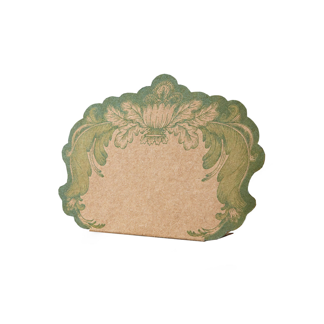 A kraft paper, freestanding place card with an ornate, French toile-style design in green around the edges.
