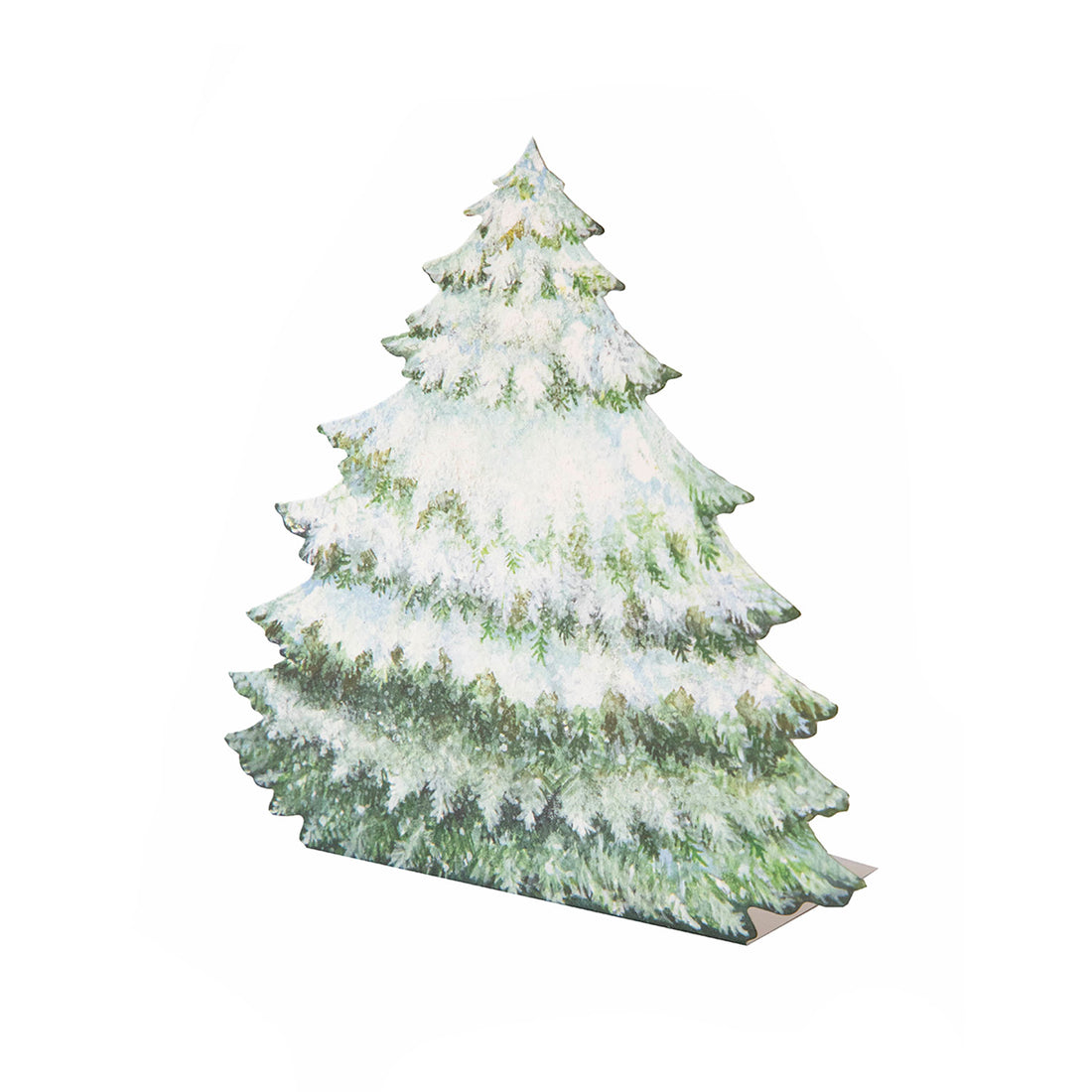 A die-cut freestanding place card featuring an illustrated evergreen tree covered in snow, providing a blank space for a hand-written message.