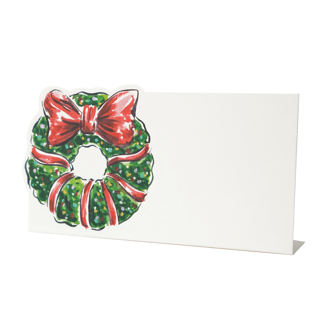 A white, rectangular freestanding place card featuring an illustrated Christmas Wreath with a red bow adorning the left side.