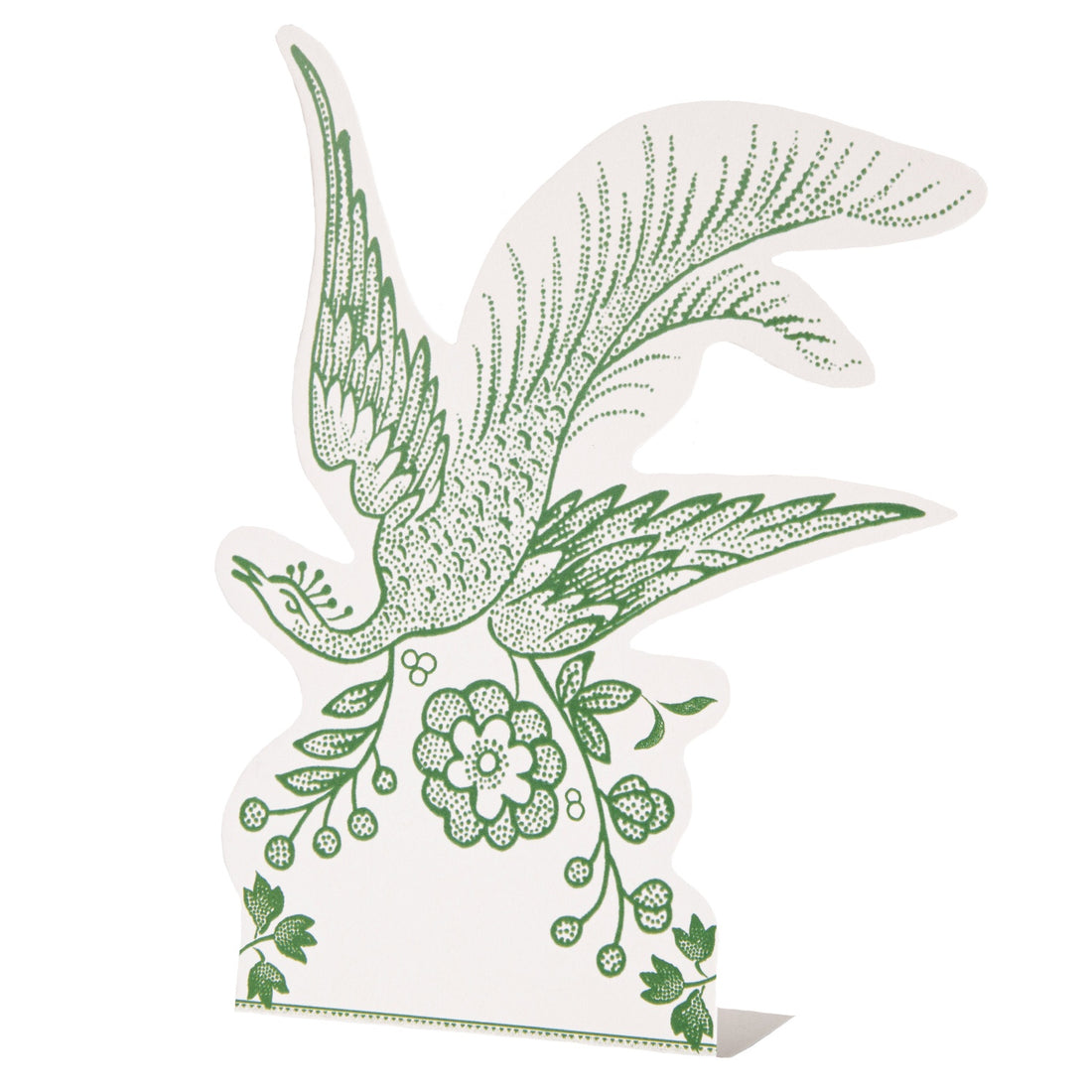 A die-cut, white paper place card that stands upright, featuring a green bird and floral design with an open space at the bottom, inspired by the ornamental bird pattern from Burleigh.