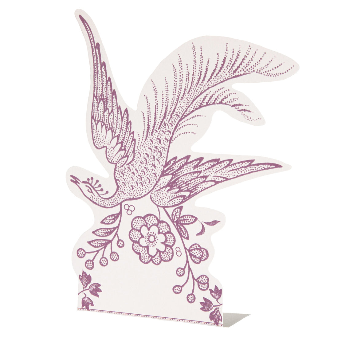 A die-cut, white paper place card that stands upright, featuring a lilac purple bird and floral design with an open space at the bottom, inspired by the ornamental bird pattern from Burleigh.