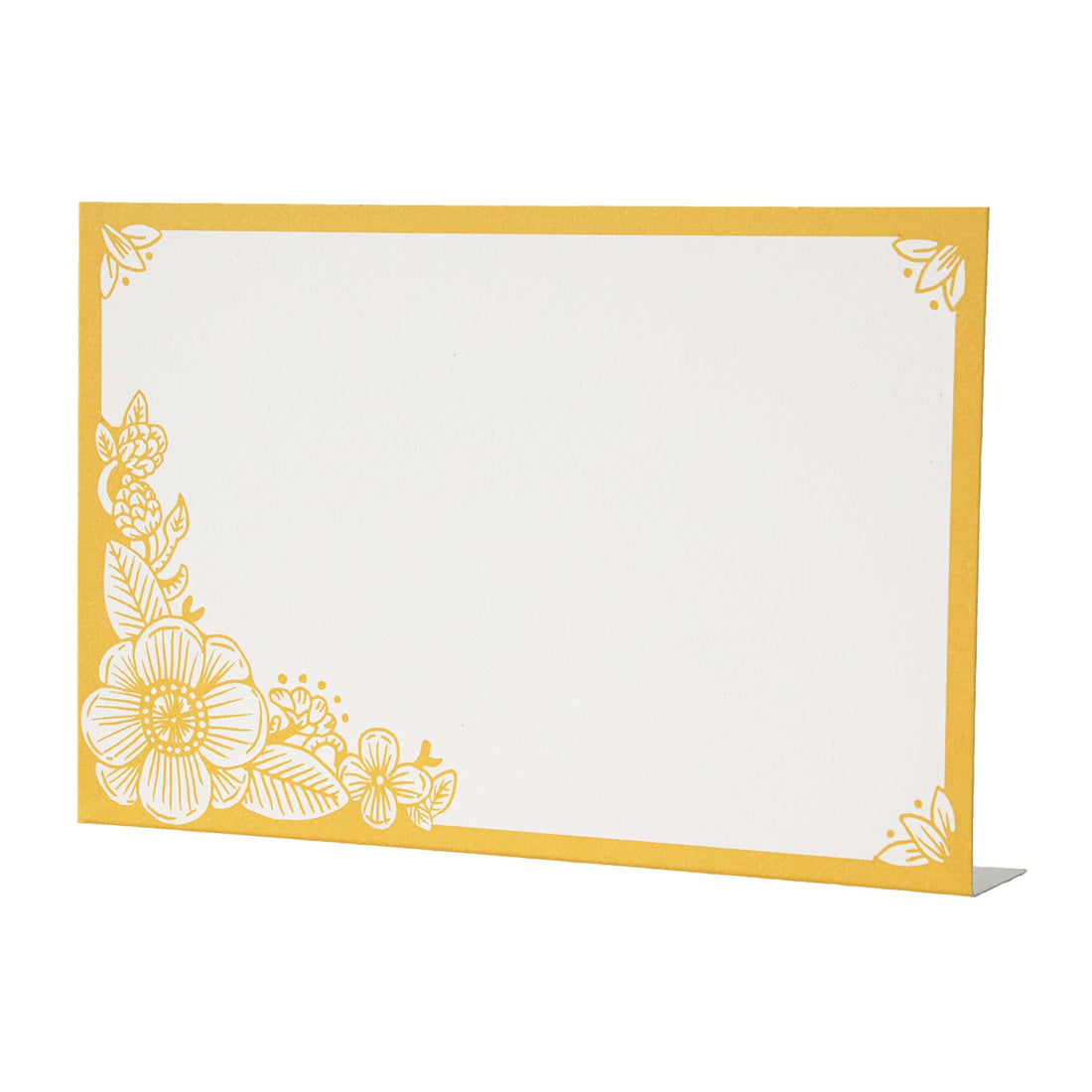 A free-standing, rectangular white table card with a marigold yellow frame around the edges, embellished with yellow linework flower designs in the corners.