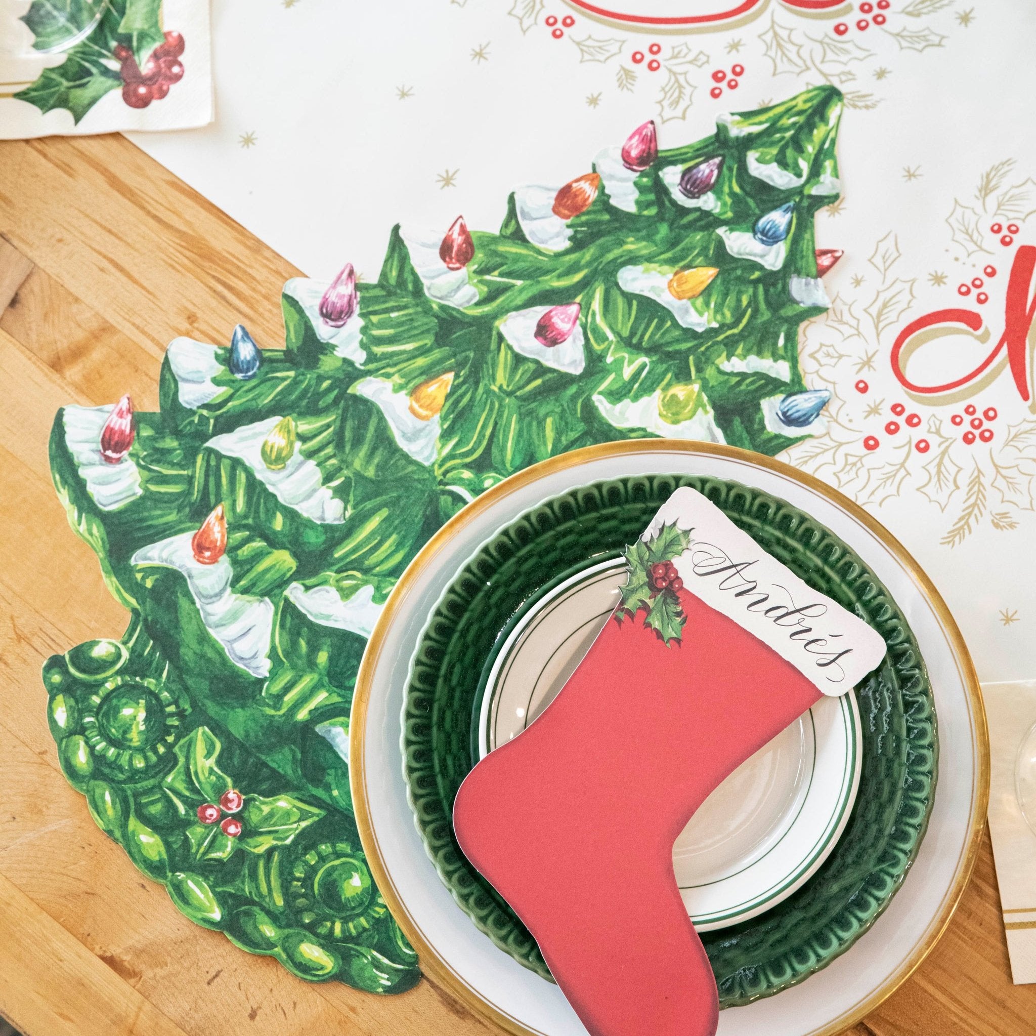 The Die-cut Vintage Christmas Tree Placemat under an elegant holiday place setting.