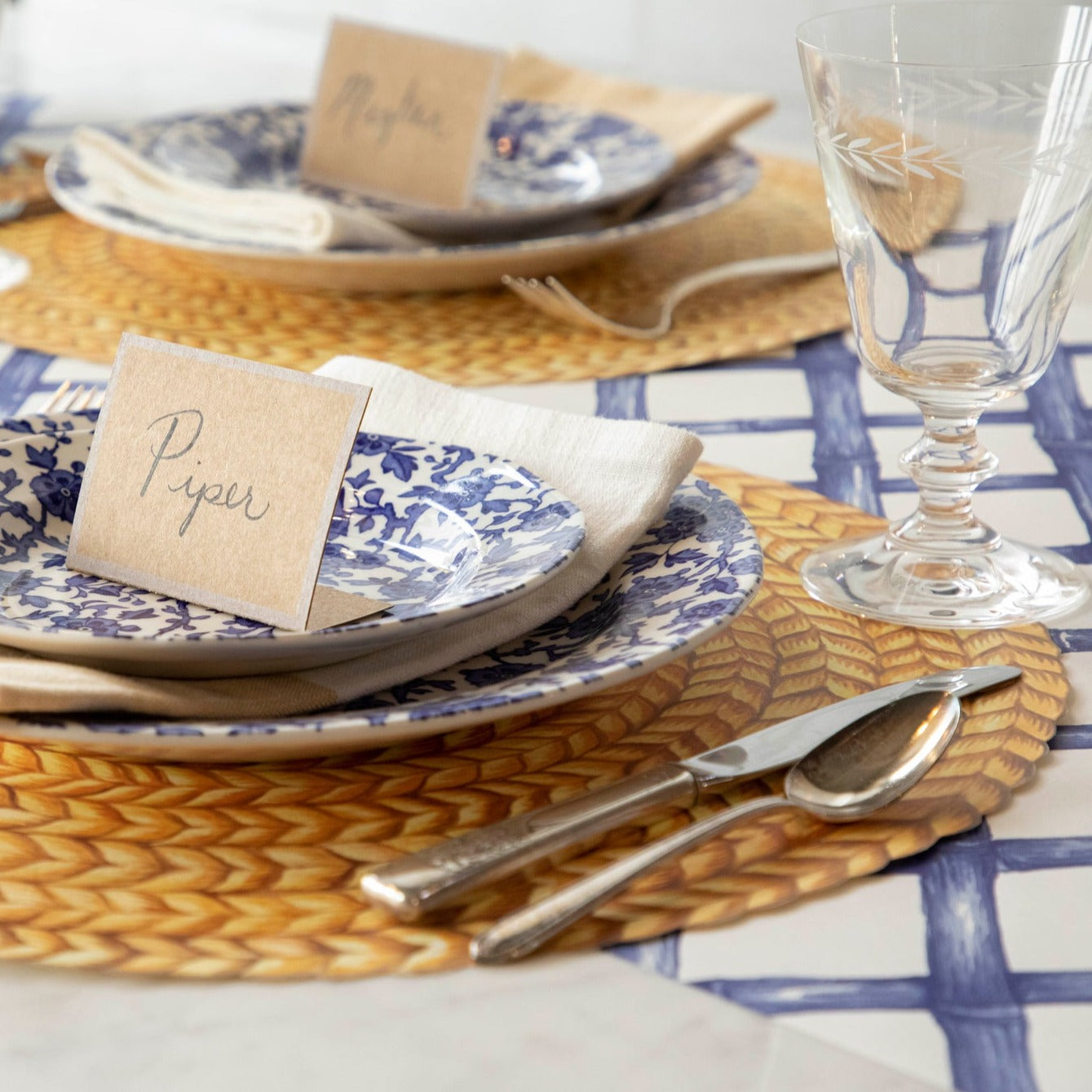 Close-up of the Blue Lattice Runner under an elegant table setting.