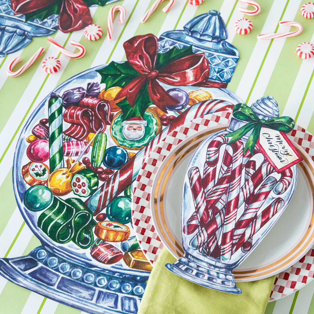 The Die-cut Candy Jar Placemat under a vibrant Christmas-themed table setting.
